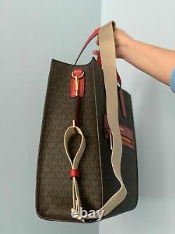 Michael Kors Kenly Large Tote Brown MK Signature Red Bag Wallet Set