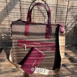 Michael Kors Kenly Large Tote Logo Signature Bag + Wallet Set Brown Merlot