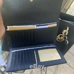 Michael Kors Large Leather Tote Shoulder Handbag Purse Black Bag+ Trifold Wallet