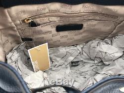 Michael Kors Riley Large Leather Backpack Navy Blue Gold Studded Drawstring Flap