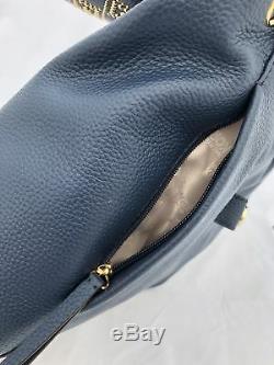 Michael Kors Riley Large Leather Backpack Navy Blue Gold Studded Drawstring Flap