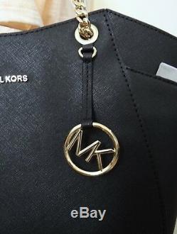 Michael Kors Saffiano Leather Jet Set Travel Chain Shoulder Tote Bag in Black