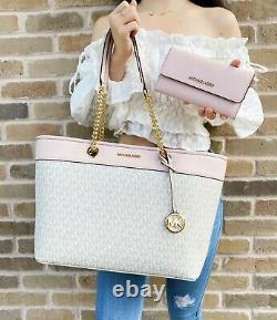 Michael Kors Shania Large Top Zip Tote Vanilla MK Pink + Blossom Trifold Wallet