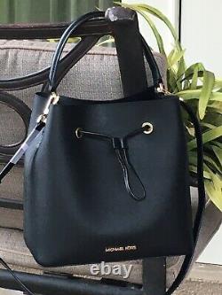 Michael Kors Suri Large Bucket Messenger Shoulder Bag Purse Black Leather Gold
