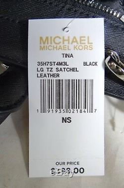 Michael Kors Tina Black Silver Leather Large Top Zip Satchel Handbag
