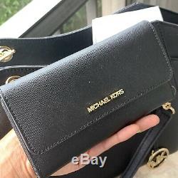 Michael Kors Women Black Leather Shoulder Tote Handbag Purse Bag +Trifold Wallet