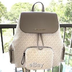 Michael Kors Women Large Cargo Backpack Bag Leather PVC Bright White Grey Silver