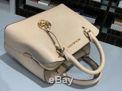 Michael Kors Women Large Leather Satchel Crossbody Bag Handbag Beige Gold Purse