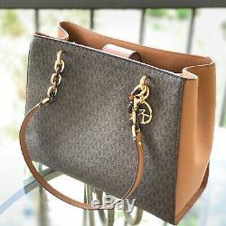 Michael Kors Women Large Leather Shoulder Tote Bag Handbag Brown Vanilla Purse