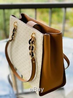 Michael Kors Women Large Leather Shoulder Tote Bag Handbag Brown Vanilla Purse