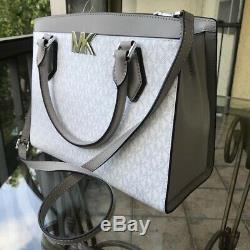 Michael Kors Women Pvc Leather Satchel Shoulder Bag Crossbody Bright White/grey