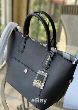 Michael Kors Womens Large Black Gold Leather Crossbody Satchel Bag Handbag Purse