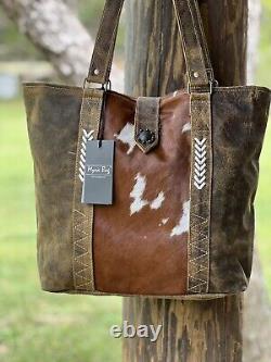 Myra Bag DISTRESSED LEATHER & HAIRON COWHIDE Western Tote NEW