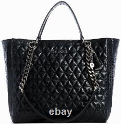 NEW GUESS Women's Black Glossy Patent Logo Quilted Large Tote Bag Handbag Purse