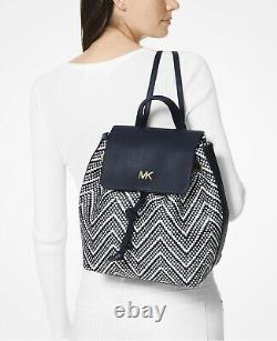 NEW W Tags Michael Kors Junie Woven Leather Backpack Admiral Navy Blue White Bag