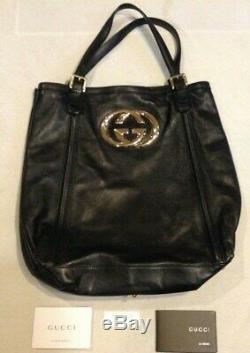 NWOT Gucci Interlocking GG Large Black Leather Britt Tote Bag with Dustbag & Cards