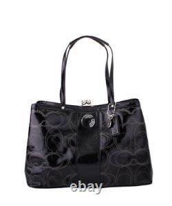 NWT $398 Coach Signature Stitch Patent Leather Carryall Black Shoulder Bag NEW