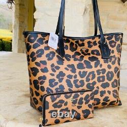 NWT Coach leopard Reversible City Animal Print tote wallet options Brown Black