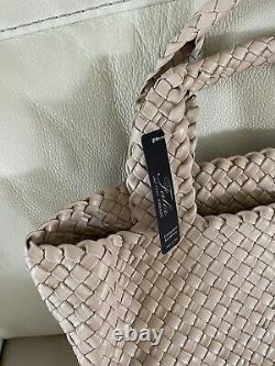 NWT-FALOR -ITALYBEIGE Hand Woven Soft Leather Handbag Tote #7349-XL