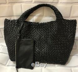 NWT Falor Falorni Italy Extra Large Hand Woven 2pc Tote &Pouch in Black