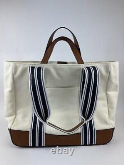NWT Lauren Ralph Lauren LORA Large Striped Double Handled Cream Canvas Tote Bag