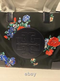 NWT. Tory Burch Ella Printed Large Tote Shoulder Bag Black Tea Rose