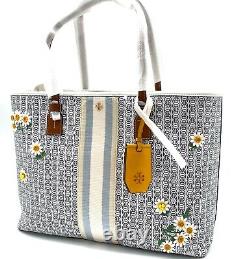 NWT Tory Burch Gemini Link Large Applique Embroidered flower Coated Canvas Tote