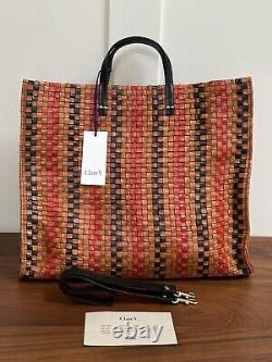 New Clare V Simple Tote Woven Natural Brown Navy Red Checker Leather Rattan NWT