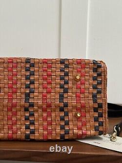 New Clare V Simple Tote Woven Natural Brown Navy Red Checker Leather Rattan NWT