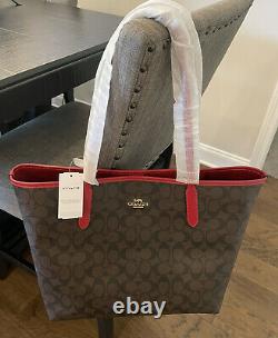 New Coach City Tote In Signature Canvas 5696 Brown 1941 Red