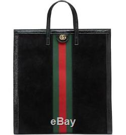 New Gucci Ophidia Large Black Suede Patent Leather Web Logo Leather Tote Bag