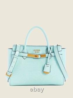 New Guess Enisa High Society Satchel Crocodile Faux Leather Surf Baby Blue Bag
