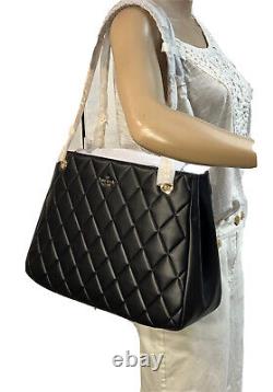 New Kate Spade Quilted Leather Large Tote Bag Chain Black Carey 2 Compartments
