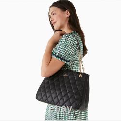 New Kate Spade Quilted Leather Large Tote Bag Chain Black Carey 2 Compartments