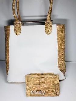 New LEVENGER Handbag White Canvas Tan Alligator Leather Shoulder Bag Large Purse