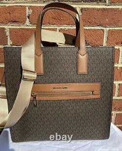 New Michael Kors Kenly Large North South Tote Leather Brown MK Signature Luggage