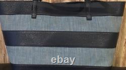 New Michael Kors Stripe Canvas Large East West Tote bag tassel washed denim