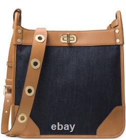 New Michael Kors Sullivan Large Leather navy Denim Messenger bag leather trim
