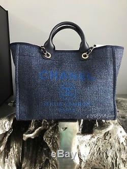 Nwt Chanel Navy Blue Denim Deauville Tote Gold Tweed Boucle Gst Grand Shopping