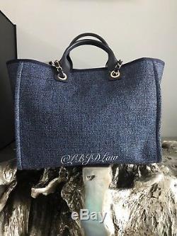 Nwt Chanel Navy Blue Denim Deauville Tote Gold Tweed Boucle Gst Grand Shopping