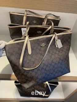 Nwt Coach City Tote In Signature Canvas Brown/Metallic Pale Gold