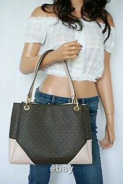 Nwt Michael Kors Nicole Large Pvc Leather Shoulder Tote Mk Brown/blossom