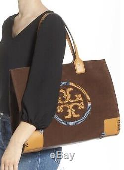 Nwt Tory Burch $598 Ella Whipstitch Large Leather Logo Tote Handbag Suede Brown
