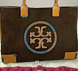 Nwt Tory Burch $598 Ella Whipstitch Large Leather Logo Tote Handbag Suede Brown