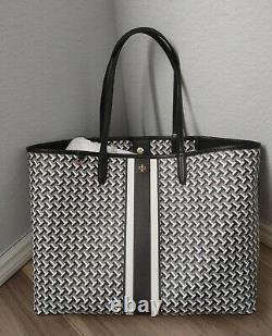 Nwt Tory Burch T Zag Black Coated Canvas Leather Large Tote Shoulder Bag Purse