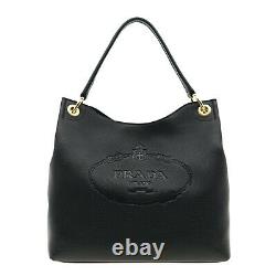 Prada Hobo Oversize Logo Shoulder Bag Black Leather New