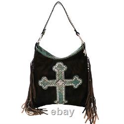 Raviani Fringe Hobo Bag With Cross & Crystals in Brown Calfskin & Turquoise Croco