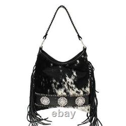 Raviani Fringe Hobo Bag in Black & White Calfskin Leather WithCrystal Conchos