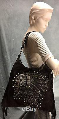 Raviani Indian Chief Black Leather Hobo Bag With Fringe & Silver studs #1426