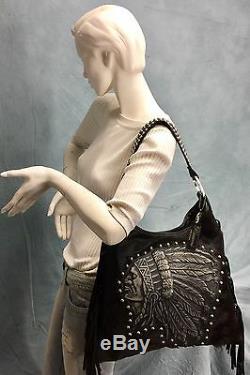 Raviani Indian Chief Black Leather Hobo Bag With Fringe & Silver studs #1426